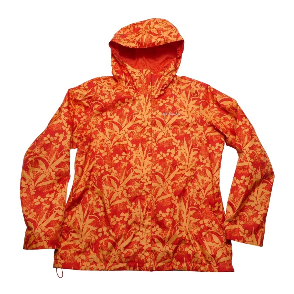 Columbia Rain Jacket Womens Large Orange Omni-Tech Hooded Full Zip Floral Print